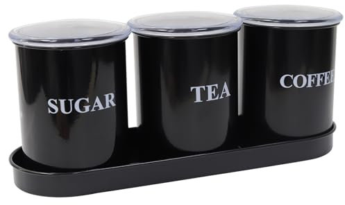 Gzsekken Tea Coffee Sugar Canisters Set of 3,Metal Food Storage Tin Airtight Sealed,Kitchen Canisters with Tray,Farmhouse Kitchen Storage Tins for Countertop Décor with Clear Lid Retro Design - Black