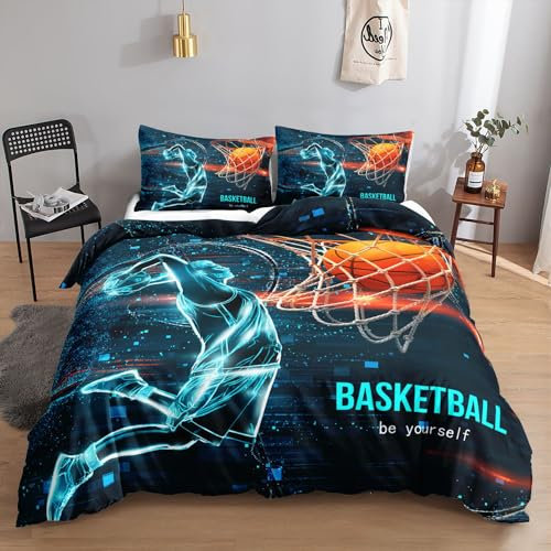 HOSIMA Basketball-BettwäscheSet für Erwachsene Jungen und Mädchen Schießen -Drucken Bettbezug mit 2 Kissenbezügen (Basketball01 S)