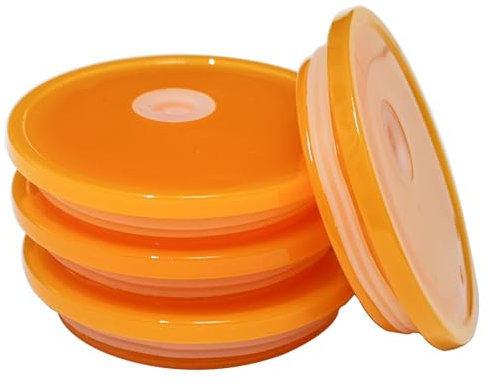 TERESRY Acryldeckel für Glas- und Dosenbecher, Bambus- und Holzdeckel mit Strohhalmen, 70 mm, Orange, 4 Stück