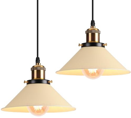 iDEGU Lot de 2 Lustres Rétro Suspension Luminaire Vintage 22CM Métal Plafonnier Abat-jour Industriel E27 Lampe de Plafond pour Salon Cuisine Chambre Restaurant (Jaune Clair)