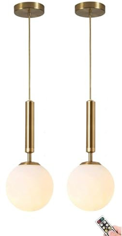 Battery Operated Pendant Light with Dimmable & Timeable Rechargeable Bulb, not Hardwired Battery Powered Globe Hanging Ceiling Lighting Chandelier, for Kitchen Island Dining Table Living Room Bedroom