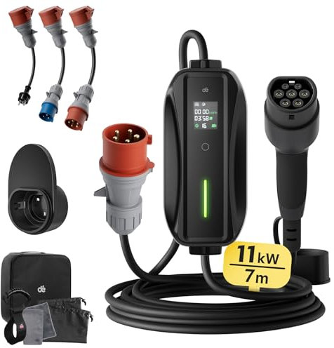 dé Mobile Wallbox/Ladestation 11kW [3-phasig|7m|6-16A] mit Traveller Adapter Set, Ladekabel CEE 16A auf Typ 2 und EV Ladegerät für Model Y/3, ID.3/4/5, MG4, EX30, e-up, e-tron, Zoe und andere EV