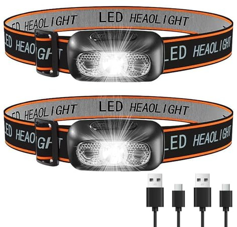 Fadbuds 2 Pack Head Torch Rechargeable, LED Headlamp Waterproof Lightweight | Super bright, adjustable strap, battery indicator, outdoor camping running, quality practical carry accessory duo kit pair