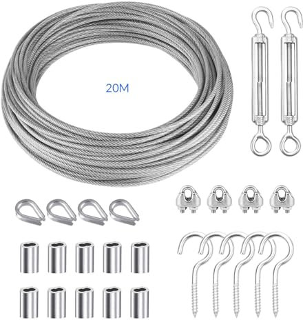 YEYIT 26 Piezas Kit de Cables de Acero Inoxidable para Colgar 20M Cable de Acero Inoxidable 304 PVC Cuerda de Alambre,Cable Acero Plastificado para Suspensión de Tendedero, Cordón de Jardinería
