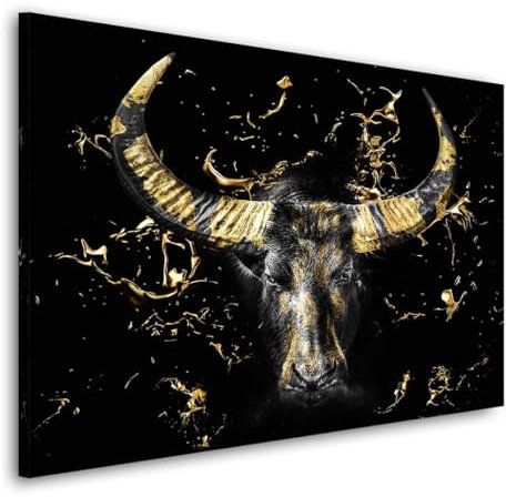 Kunstgestalten24 Leinwandbild Bulle Stier Gold Style Art Wandbild Wanddeko XXL Wandekoration Deko Bilder Modern Art Bild Kunstwerk Canvas Hochwertiger Kunstdruck