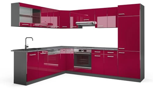 Vicco Eckküche R-Line, Rot Hochglanz/Anthrazit, 287 x 60 cm, AP Anthrazit