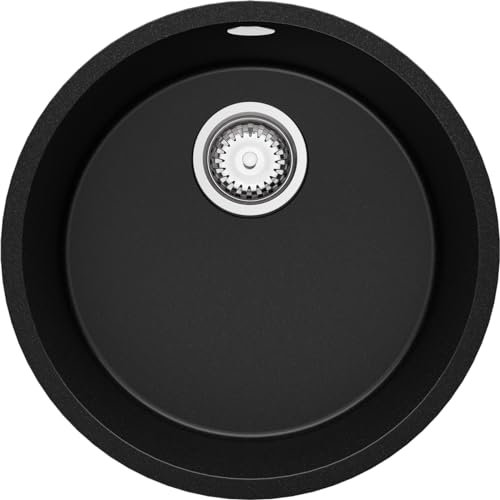 PRIMAGRAN Lavello Rotondo Nero 46x46cm, Lavandino da Cucina a 1 vasca + Sifone Classico, Lavabo da Cucina Incasso al mobile 50cm - La Valletta Slim