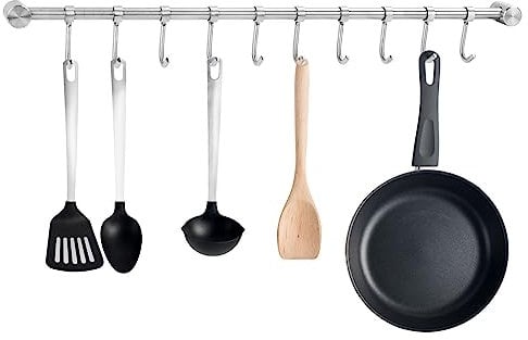 Trintion Hakenleiste Küche Wandbehang Küchenhakenleiste for Küchenutensilien Töpfe Handtücher Edelstahl Küchenreling Hängeleiste mit 10 Beweglichen Haken für Küche Bad Wohnzimmer 52cm (Silber)