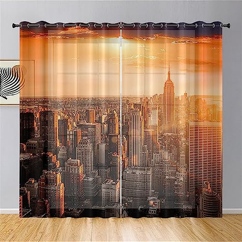Hixingo Sheer Voile Gardinen Blick Auf die StadtDruck Vorhänge, 2er Set Vorhang mit Ösen, Mode Halbtransparent Scheibengardinen Wohnzimmer Küchen (140x213cm,New York)