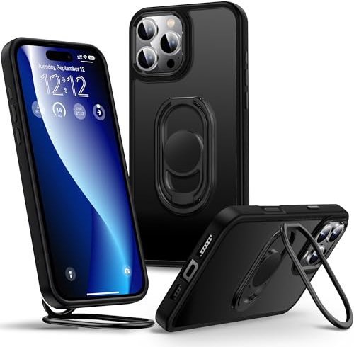 SHIELDS UP for iPhone 16 Pro Case with Stand, Matte Back Phone Case with Double Ring Holder Kickstand【Adjustable & Foldable】 Shockproof Translucent Protective Cover - Frosted Black