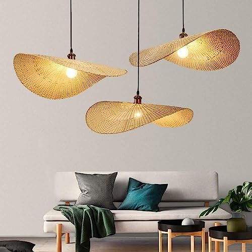 SANGPAO Décoration de la Maison Boho côtier lustres en Osier pour Salle à Manger Chapeau de Paille rotin Naturel tissé Bambou Suspension Grande île lumière plafonnier Maison de Campagne amplificateur