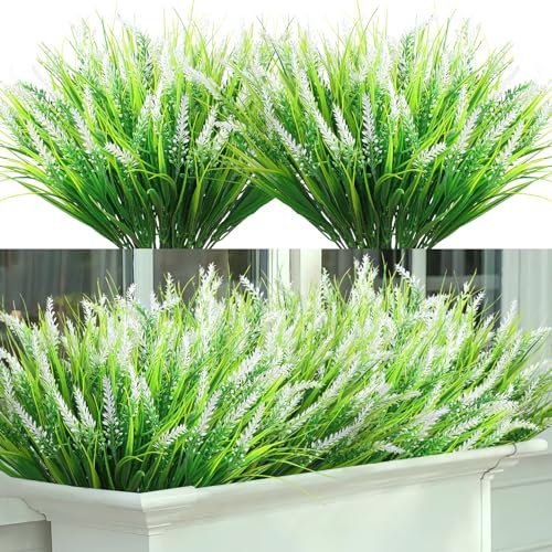 UXORSN 8 Bündel Künstliche Lavendel Kunstblumen wie Echt Kunstpflanzen Outdoor Künstliche Balkonpflanzen Wetterfest Sträucher Künstlich Blumen Pflanzen für Draußen Garten Balkon Tisch Dekor (Weiß)