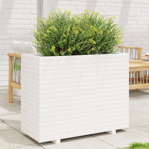 qohoio Jardinière Blanc 90x40x72,5 cm Bois de pin Massif Jardiniere sur Pieds,Bac avec Treillis,Jardiniere Terrasse