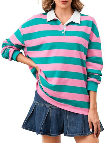 Soamat Women's Oversized Striped Polo Sweatshirt Long Sleeve Rugby Collared Pullover Tops Loose Fit Shirt, Pink Green, M