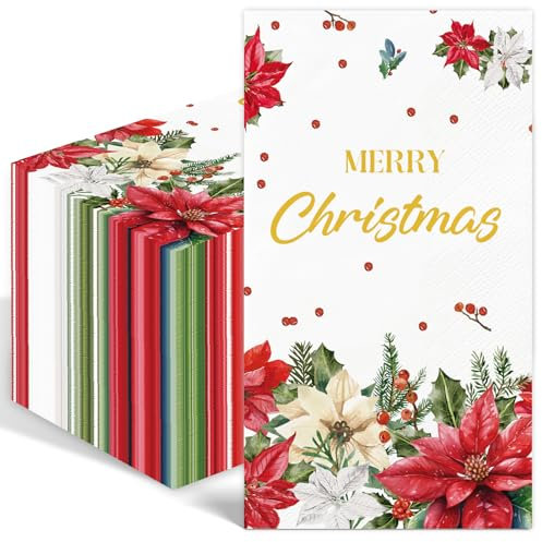 Wczcf 50 Stück Servietten Weihnachten, Servietten Merry Christmas, Winter Weihnachten, Winter Papier Servietten - Papierservietten mit Motiv,rote Blumen Einweg-Servietten Abendessen Servietten(Blumen)