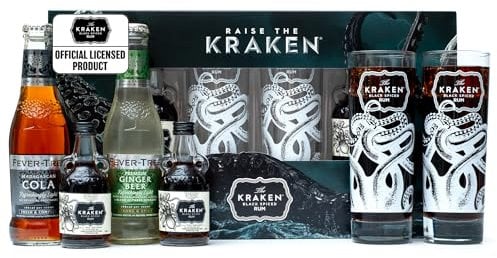 The Kraken Experience, Spiced Rum Gift Set - 2x 5cl Kraken Rum Black Spiced, 2x Rum Glass and x2 Fever Tree Ginger Beer, Cola 200ml - Cocktail Rum Gifts for Men, Alcohol Miniatures, Christmas