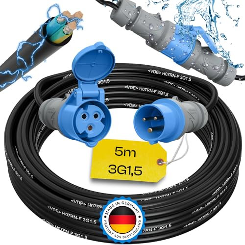 maxgo Camping Stromkabel 5m Wohnwagen Kabel Wohnmobil CEE Stecker Verlängerungskabel 3 Polig 3x1,5 Campingkabel 5 Meter Strom Verlängerung H07RN-F Camper Outdoor Mennekes
