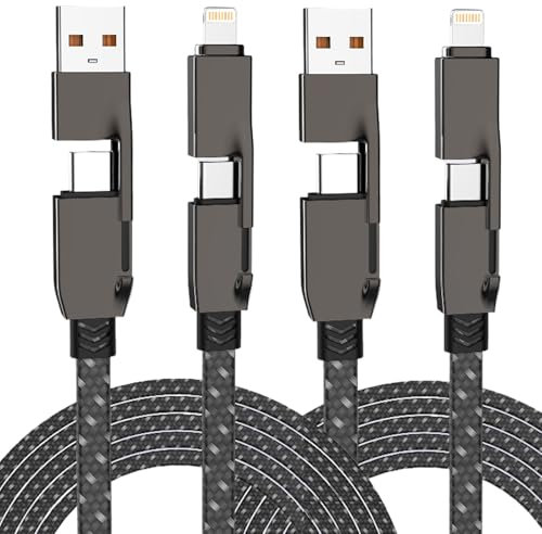 QEINZOY Multi Charging Cable 4-in-1 [2Pack], 5FT 65W USB C Fast Charging Cord Nylon Braided Multiple Charger with Lighting/USB A/Type C Port for iPhone 16/15/Galaxy/Android Auto/Tablet Laptop/Carplay