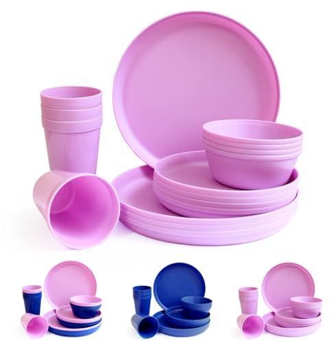 Fingey Plastic Dinnerware Set of 16 Pieces, Reusable Light Weight Plates Mugs Bowls Dishes Microwave Safe BPA Free Dishwasher Safe Service for 4 (Purple)