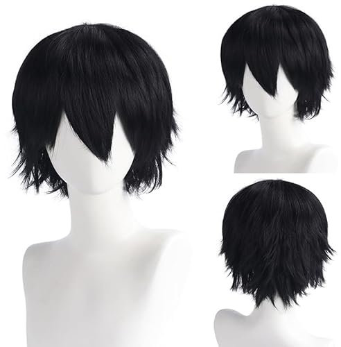 FOUNSHO Perücke Kurze Schwarz Anime Perücke für Herren Damen, 12 Inch/30 cm Erwachsene Kurze Herrenperücke Gerade, 70er 80er Männer Perücken Party Kostüm Cosplay Für Halloween (Schwarz)