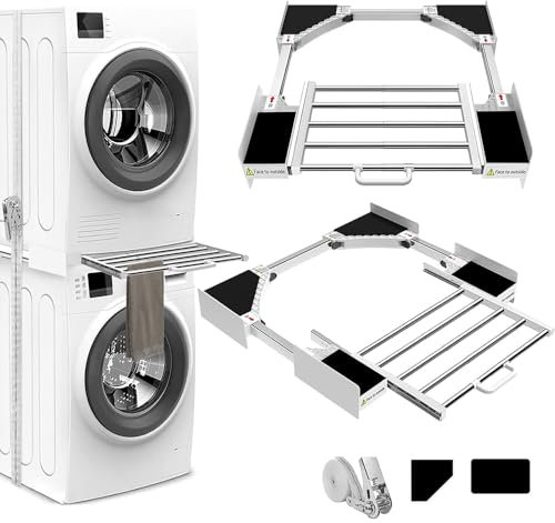 Niciksty Kit de Superposition Lave Linge Seche Linge, Universel Cadre Intermédiaire pour Lave-linge et Sèche-linge avec Corde à Cliquet et porte-serviettes extensible, Réglable 42-76cm