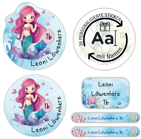 TOBJA Namensaufkleber Kinder Schule personalisiert | 36 wasserfeste Sticker mit Namen für Hefte & Schule | Permanent haftend | Süßes Meerjungfrau Design für Mädchen