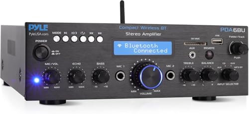 Pyle Wireless Bluetooth Power Amplifier System - 200W Dual Channel Sound Audio Stereo Receiver w/USB, SD, AUX, MIC IN w/Echo, Radio, LCD - For Home Theater Entertainment via RCA, Studio Use - PDA6BU
