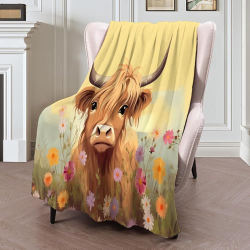 MLSOWM Coperta Plaid Pile, Coperta Singolo Simpatica Mucca Delle Highlands - Coperta Flanella Fiori Di Campo Disegnati A Mano, Caldo Morbida e Leggera, Per Ufficio, Divano, Viaggi, Giallo-130x150cm