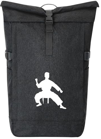 Huuraa Kurierrucksack Taekwondo Silhouette Geschenk | 30-44 Liter Backpack Black Melange Fairtrade Rolltop Rucksack Geschenkidee Schwarzer Laptop-Rucksack passend für 17-Zoll