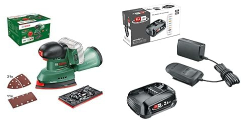 Bosch Akku-Schleifer UniversalSander 18V-10 (ohne Akku; 18 Volt System; 32x Schleifpapier; im Karton) – Amazon Edition + Bosch 18V Akku und Ladegerät 2.5Ah (18V Starter Set, POWER FOR ALL)