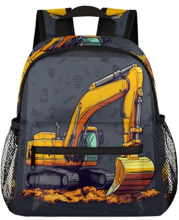 Entemne Kleinkind-Rucksack für Mädchen und Jungen, Cartoon-Bagger, dunkler Rucksack, kleine Kinder, Vorschul-Büchertasche mit Brustgurt, leicht, Kindergartentasche