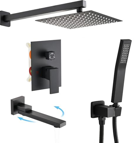 AVSIILE Shower Faucet Set with Tub Spout, Matte Black Rain Shower Mixer Valve and Trim Kit System with Base Complete, Rainfall Modern Shower Head and Handheld Handle Set Combo for Bathroom, 10 Inch