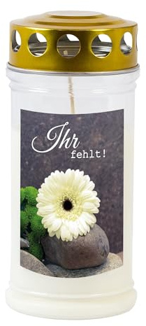 Grabkerze Gedenkkerze, Weiß mit Golddeckel, Motiv Ihr fehlt | 70-90 Std. Brenndauer, 100% Pflanzenöl, Trauerkerze, Langlebig, TLB