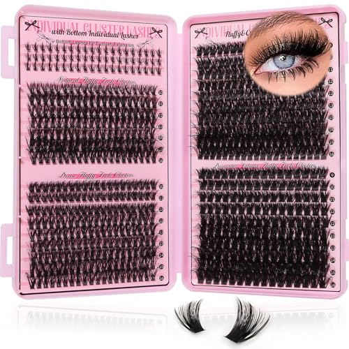Ykeoo Individual Eyelashes 740pcs Natural Cluster Lashes D Curl Fluffy Lash Clusters Wispy Individual Lashes Cluster for DIY Lash Extensions at Home (9-16mm 60+80+100+120D+Bottom Lashes)