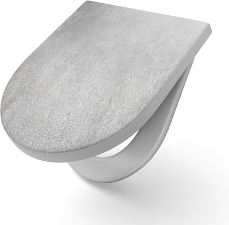 DEQORI Sedile WC con motivo muro di pietra intonacata | sedile WC in bianco in Duroplast | formato 36,4 x 45,4 cm – occhialini antibatterici per WC a forma di D con coperchio, facile da pulire e