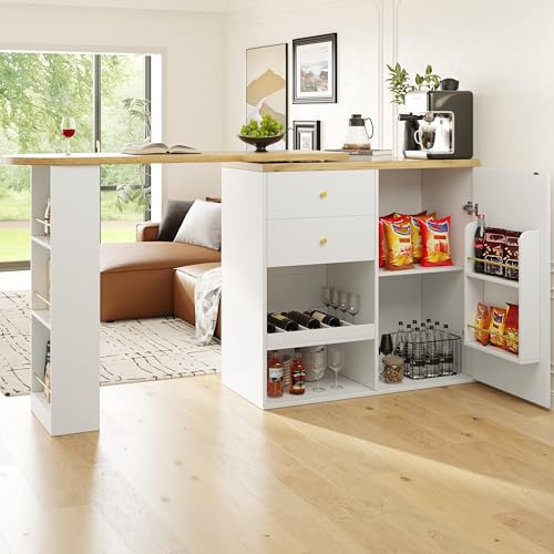 Merax Table de Bar de Salon,îlot de Cuisine, pivotante à 360°, avec 2 tiroirs, Armoire à Portes coulissantes et 3 étagères Ouvertes, Bureau Multifonction pour Salon - Blanc