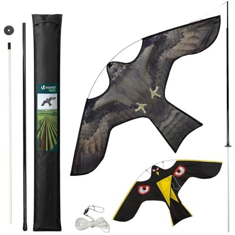 VOUNOT® Cerf Volant Effaroucheur Oiseaux Faucon Réaliste Répulsif Oiseaux Extérieur avec Mât Télescopique de 4m et 2 Cerfs Volants Interchangeables pour Jardin Potager Ferme Modèle F&G
