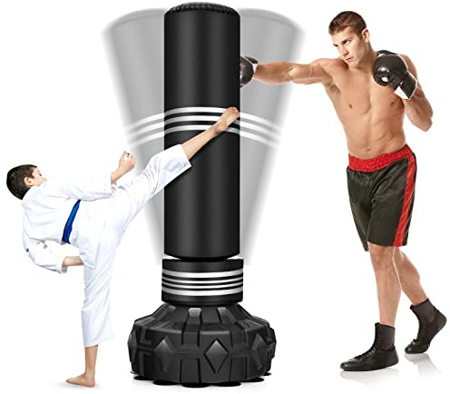 COSTWAY Sacco da Boxe da Terra Professionale con Area per Calci | Sacco Kick Boxing Autoportante con Base Riempibile da Sabbia e Acqua, 12 Ventose in Gomma e Struttura Multistrato