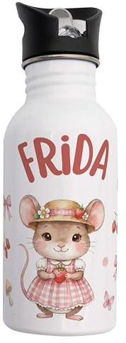 Kidsmood – Personalisierte Trinkflasche für Kinder, BPA freie Edelstahl Wasserflasche, 500 ml mit Trinkhalm als Einschulungsgeschenk Mädchen, Ideal für Schule, Kindergarten (Maus)