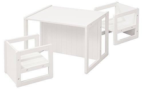 roba Sitzgruppe im Landhausstil für Kinder - 2 Hocker & Kindertisch - Umwandelbar zur Kinderbank - Kindersitzgruppe ab 2 Jahren - Holz weiß