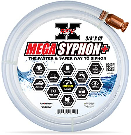 REV X Mega Syphon - 3/4 x 10 Foot Long Self Priming Safe Siphon Hose for Water, Gas, Fuel, Diesel