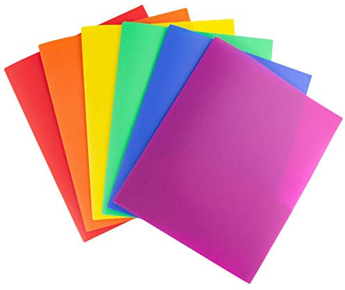 Dunwell Farbige Kunststoff-Ordner mit Taschen – (12 Stück, verschiedene Farben), 2 Fächer, Poly-Ordner für Schule und Büro, langlebig, strapazierfähig, inkl. Klebeetiketten