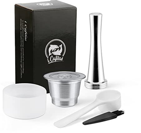 wiederverwendbar nachfüllbare Kapseln aus Edelstahl für nes presso, Pinsel + Löffel (Kapsel+Tamper+Powder Filling Aid)