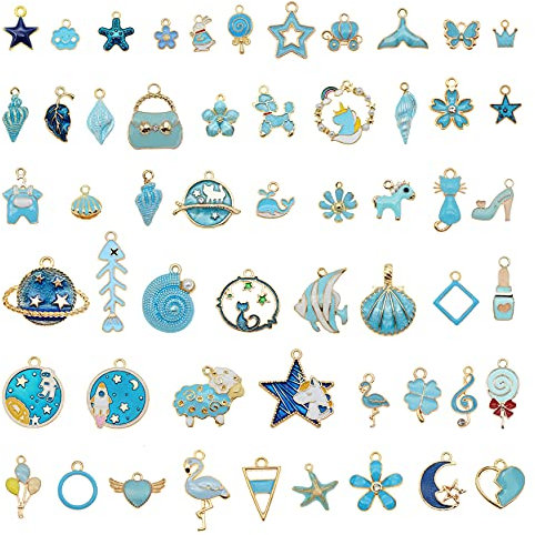 Julie Wang 30PCS Emaille Blau Charmes Zufällige Mischobst Tierblumen Legierung Anhänger Halskette Ohrringe Schmuckherstellung Zubehör