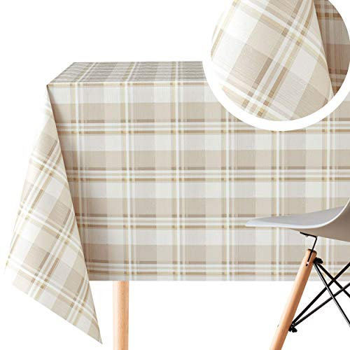 KP HOME PVC Wipe Clean Tablecloth - Rectangular Oilcloth 118x55in | 300x140cm - Gingham Tartan Waterproof Table Cloth - Wipeable Garden Plastic Table Cover Wipe Down in Light Creme Beige