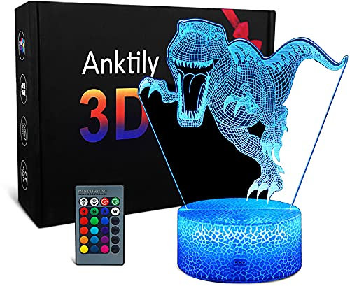 Lampada 3D di Dinosauro Illusione Ottica Luce Notturna per Bambini, Lampada Led da Tavolo Illuminazione Luce di Notte con 16 Colori e Telecomando, Regali di Dinosauro per Ragazzo Ragazza