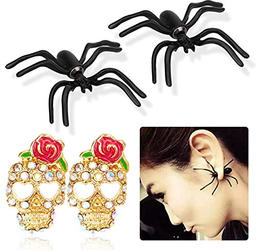 HOWAF Nouveauté Halloween Ohrring Ohrstecker, 2 Paar Rose Totenkopf Ohrring Ohrstecker Spinne Halloween Schmuck Geschenke für Damen Mädchen, Halloween Schädel Spinne Ohrring Zuckerschädel Sugar Skull
