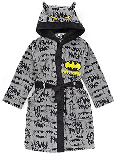 DC Comics Batman Dressing Gown For Boys & Girls | Kids Grey Dark Knight Movie Pocket Bathrobe | Children’s Soft Fluffy Pjs Robe 6-7 Years