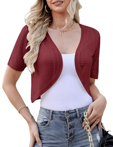 Totatuit Short Sleeve Knitted Women's Shrugs Open Front Crop Crochet Bolero Cardigan Casual Knitwear Top Mini Coat for Wedding Evening Dresses Red Wine