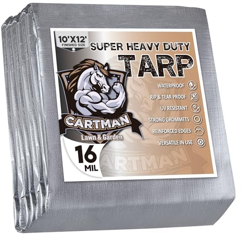 CARTMAN 16 Mil Heavy Duty Poly Tarp, 10' x 12', Waterproof, UV Resistant, Rip and Tear Proof, Reinforced Edges for Roof, Camping, Patio, Pool, Boat